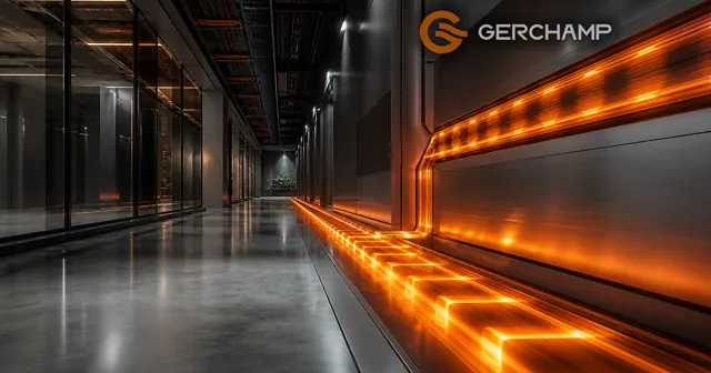 A premium data-center corridor visualized as a controlled flow of orange energy pulses moving through illuminated power channels, symbolizing high C-rate performance for UPS backup demands.