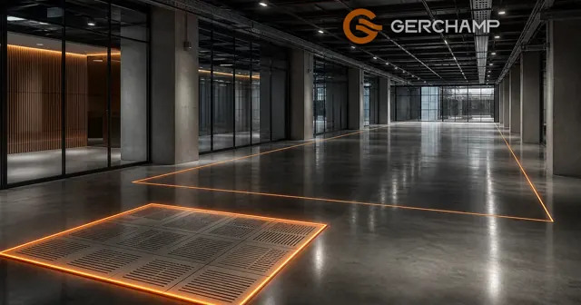 A premium, empty data-center architecture uses precise illuminated floor zones and ceiling light geometry to contrast efficient space allocation with an oversized unused area.