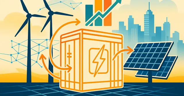 Illustration of an energy storage system with wind turbines and solar panels, representing energy integration and efficiency.