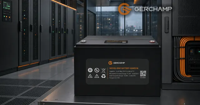 A black Gerchamp 8XNFZ38 nickel-zinc battery module stands heroically in a premium data-center UPS room, with a comparison-inspired arrangement of neutral industrial infrastructure and restrained orange lighting.