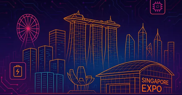 Wireframe illustration of the Singapore skyline with cyberpunk elements, showcasing high-tech buildings and battery monitoring symbols in vibrant colors.
