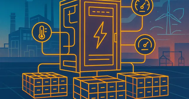 Wireframe silhouette of a centralized battery management system in an industrial setting, showcasing battery arrays and energy flow, with colorful accents.
