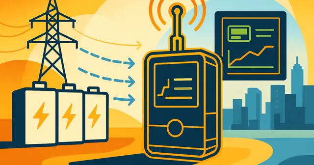 Illustration of a wireless battery monitoring device with data flow graphics and energy storage elements, set against a city skyline.
