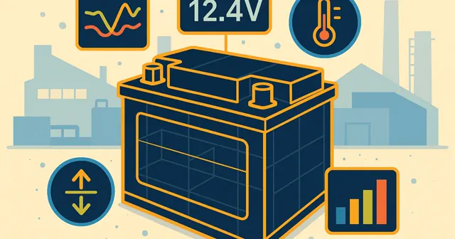 Wireframe silhouette of a lead acid battery monitoring system with highlighted parameters and colorful analytics visuals.
