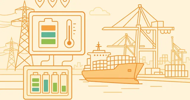 Wireframe silhouette of a battery monitoring system in a busy port with cargo ships and cranes, symbolizing power system safety.