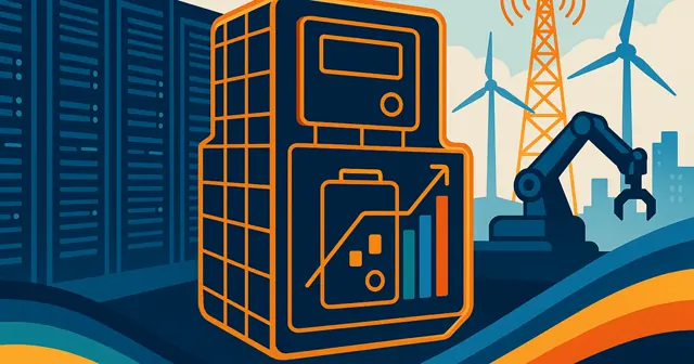 Wireframe silhouette of a Battery Monitoring Unit amidst various industrial settings such as data centers, telecommunications, and renewable energy, with colorful data streams.