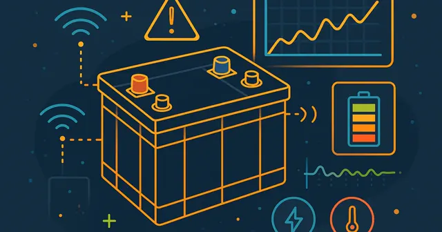 Wireframe silhouette of a battery condition monitoring system with sensors and data analytics visuals, using vibrant colors for emphasis.