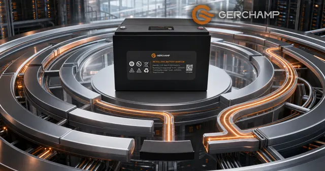 A black Gerchamp Nickel-Zinc battery cell stands heroically at the center of a bright conceptual data-power landscape, with illuminated electrical pathways continuing around a separated failed cell.
