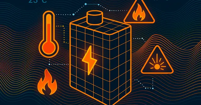 Wireframe silhouette of a lithium battery with temperature indicators and warning symbols representing thermal runaway, featuring vibrant energy wave patterns.