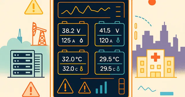 Wireframe illustration of a battery management system interface monitoring battery parameters with industry symbols and alerts.