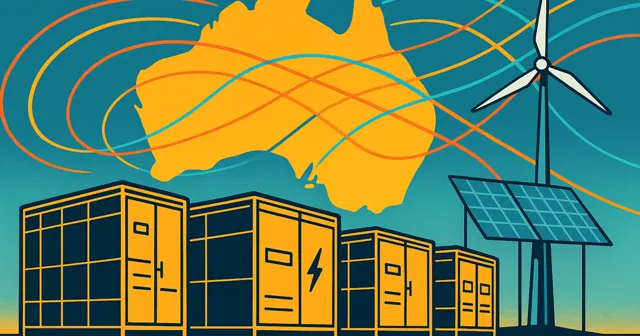 Illustration of battery storage systems integrated with renewable energy sources in Australia, featuring a map outline and vibrant colors.