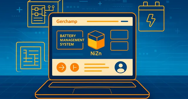Wireframe silhouette of a laptop displaying a modern website interface with battery management systems and nickel-zinc battery elements, set in a digital landscape.