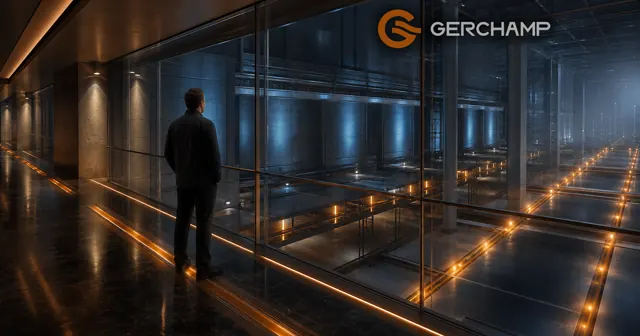 A premium industrial facility interior with a technician observing synchronized light pulses and thermal color gradients that symbolize continuous battery monitoring and early warning.