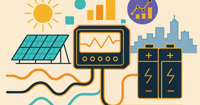 Wireframe silhouette of a battery management system with solar panels and batteries, depicting energy flow and analytics, designed in brand colors.