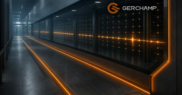 A premium editorial visualization of continuous battery voltage data represented by a precise amber signal moving through a cool industrial monitoring environment, with one subtle deviation highlighted for early attention.