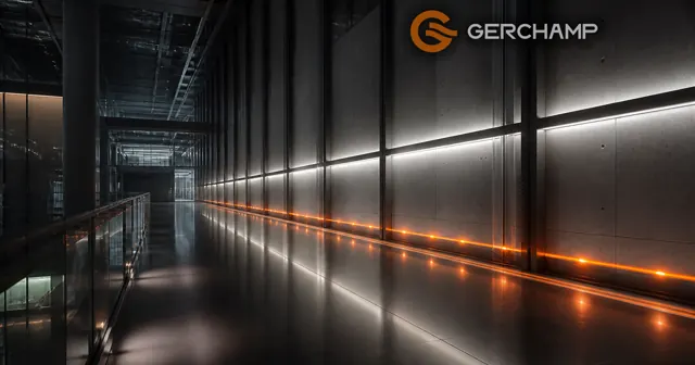 A premium industrial data-center corridor visualized through repeated amber energy pulses and a calm blue monitoring rhythm, symbolizing microcycling and long-term backup reliability.