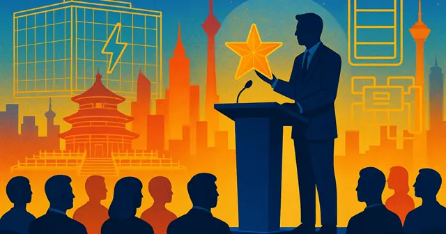 Silhouette of a conference stage with a podium and a crowd, depicting energy storage technology against a colorful Beijing skyline.