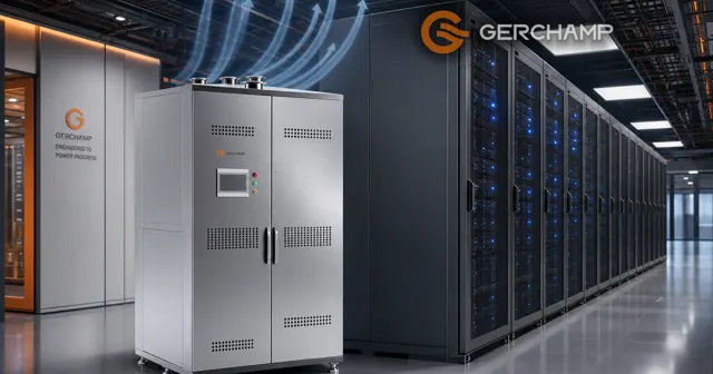A stainless-steel Gerchamp sidecar cooling distribution unit stands beside a row of illuminated high-density data-center racks, emphasizing liquid cooling without facility water.