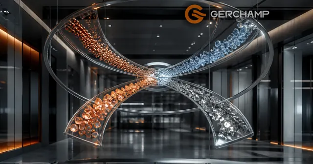 A premium editorial visualization of a data center power strategy, with suspended illuminated pathways representing competing battery chemistries above a cool architectural operations space.