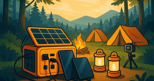 A portable solar charging station in a vibrant camping scene with devices charging, LED lights, and a natural forest backdrop.