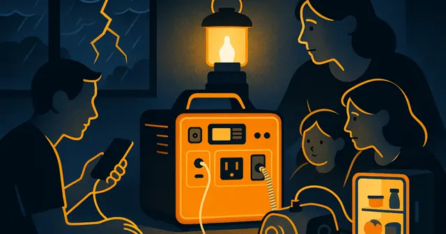 A portable mobile power supply in a dark room, charging devices and illuminating the space during a storm.