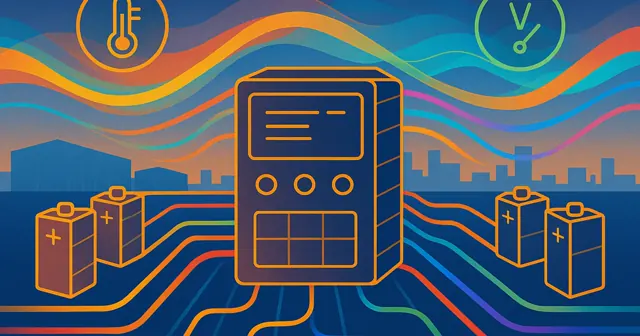Illustration of a Centralized Battery Management System at the center of an energy storage facility, with dynamic energy flow and colorful elements representing efficiency and safety.