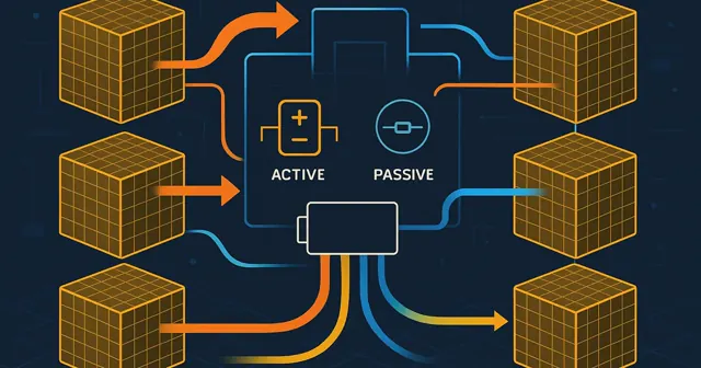 Wireframe illustration of a battery management system showing balance control among battery cells with dynamic energy transfer arrows.