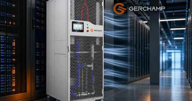 Heroic silver Gerchamp liquid-to-air cooling distribution unit standing in a premium data center aisle, with subtle airflow visualization around its grilles.