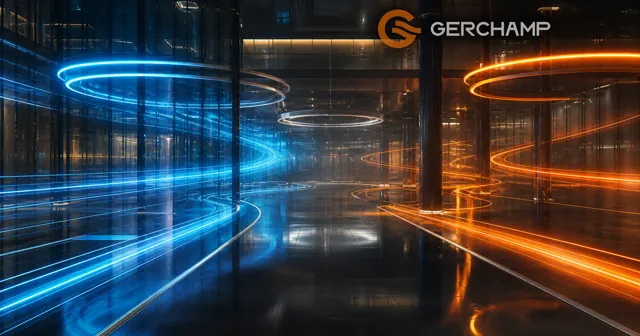 A premium industrial control environment visualized as flowing orange and blue current paths branching through a layered grid of charging, standby, and discharge states.