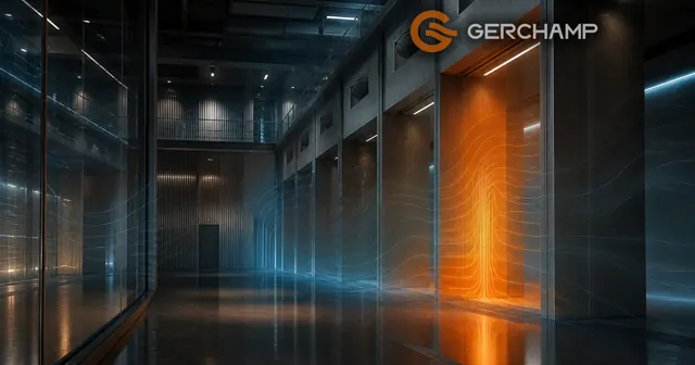 Conceptual industrial facility interior showing cool airflow and selective orange thermal gradients representing continuous battery temperature monitoring and early detection of abnormal conditions.