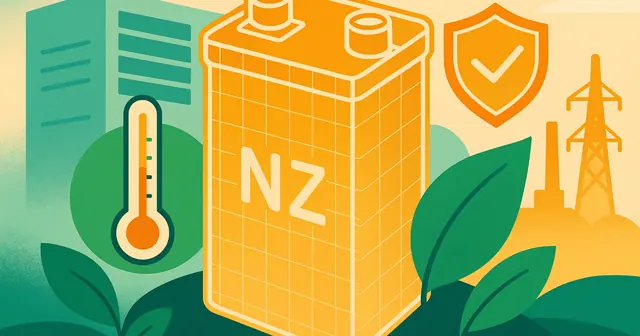 Wireframe silhouette of a Nickel-Zinc battery with safety and environmental symbols, representing innovative battery technology in backup power systems.