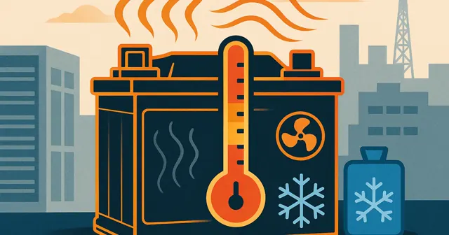 Wireframe silhouette of a lead-acid battery with a temperature gauge, surrounded by abstract heat waves and cooling elements, set in an industrial context.