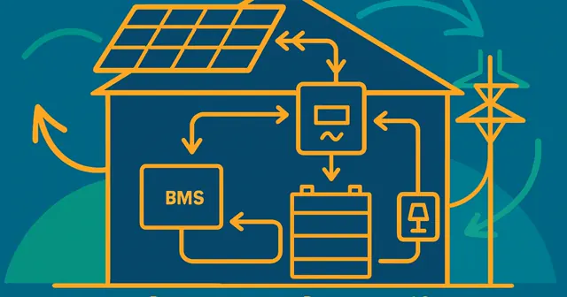 Illustration of a home energy storage system highlighting its five components in a wireframe style.