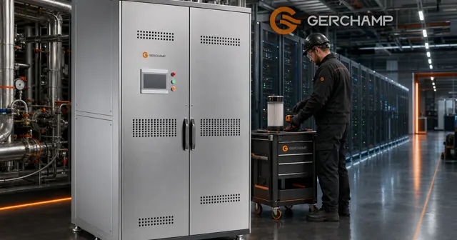 Stainless-steel Gerchamp cooling distribution cabinet in a data-center aisle, shown with its dual doors, ventilation grilles, control panel, status lights, top pipe fittings, and service-oriented maintenance context.