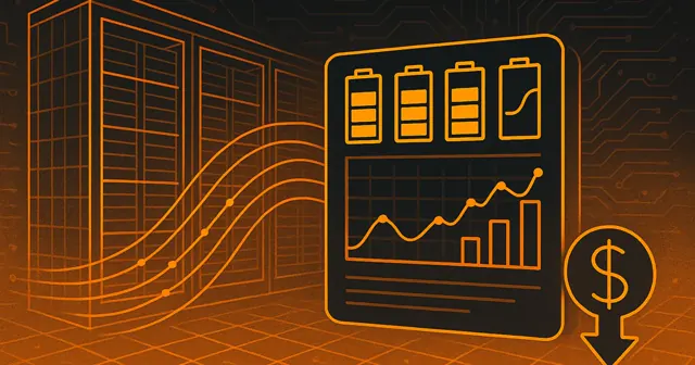 Wireframe silhouette of a data center showcasing battery monitoring systems, with visual elements representing predictive insights and downtime costs.