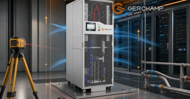 A Gerchamp cooling distribution unit stands on casters in a premium data-center installation survey, surrounded by floor-load markings, clearance measurements, airflow visualization, and power and liquid interface preparation.