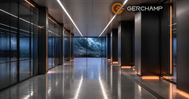 A premium data-center interior conceptualized through perfectly stable ceiling light bands, calm architectural geometry, and controlled electrical energy amid a turbulent storm outside.