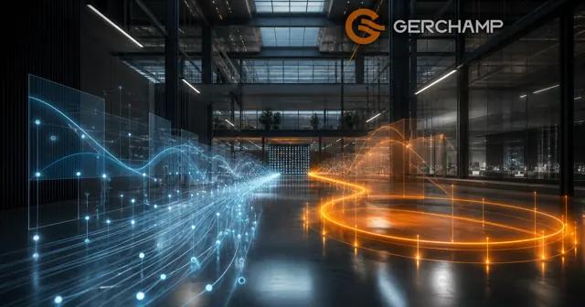 Premium industrial editorial scene contrasting a luminous data-monitoring pathway with a protective control pathway in a neutral power facility, symbolizing the difference between battery monitoring and battery management.