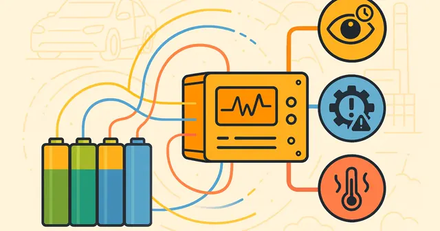 Illustration of a battery management system with colorful representations of battery cells and icons depicting its functionalities.