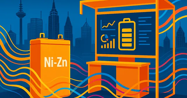 Illustration of Frankfurt skyline with innovative battery solutions, highlighting Gerchamp's presence at DCW 2025.