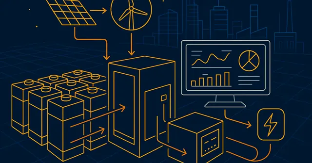 Wireframe illustration of a centralized battery management system with battery cells and a control unit, symbolizing energy optimization.