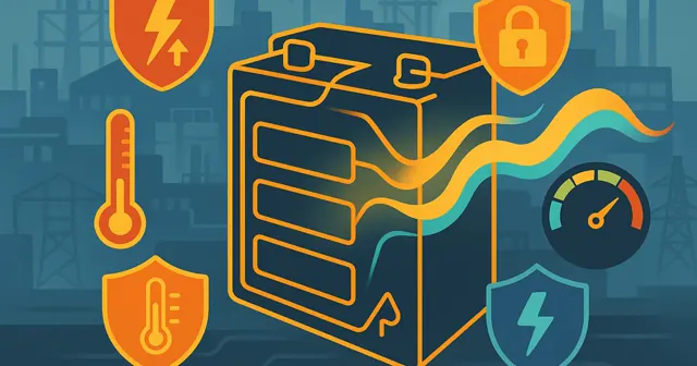 Illustration of a battery management system's safety features with wireframe design and colorful icons symbolizing over-current, over-charge, over-discharge, and over-temperature protection.
