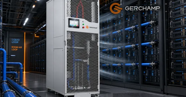 Heroic silver Gerchamp CDU4175-style cooling distribution unit in a premium data center aisle, with visible liquid-cooling piping and server racks illustrating separate liquid and air heat-management loops.