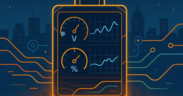 Wireframe silhouette of a battery management system with graphs and gauges set against a city skyline, illustrating real-time monitoring and energy flow.