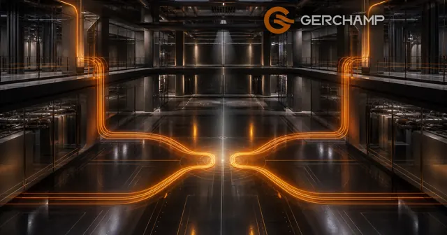 Premium industrial editorial scene showing five coordinated diagnostic light paths representing voltage, resistance, temperature, current, and battery health trends within a secure energy facility.