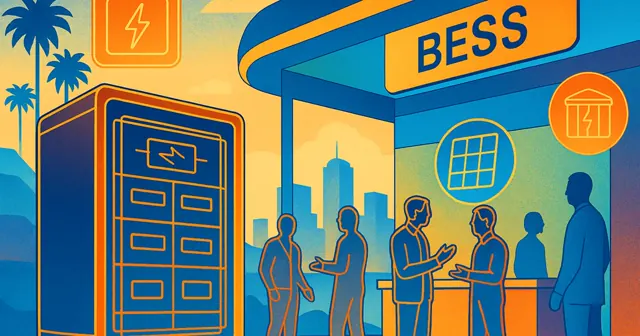 Illustration of Gerchamp's battery management system at the RE+2024 exhibition in California, featuring a skyline, energy icons, and a vibrant color palette.