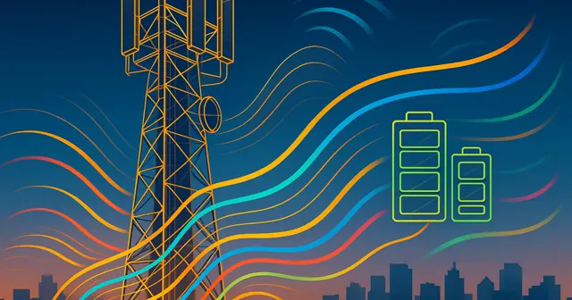 Wireframe silhouette of a telecommunication base station with colorful energy flow visuals and a city skyline backdrop.