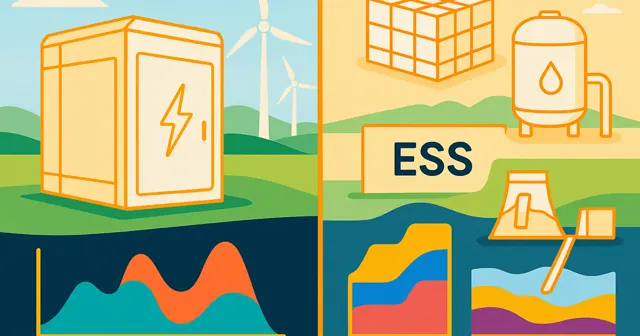 Illustration comparing Battery Energy Storage System (BESS) and Energy Storage System (ESS) with wireframe silhouettes and colorful graphs, set against a clean energy landscape.