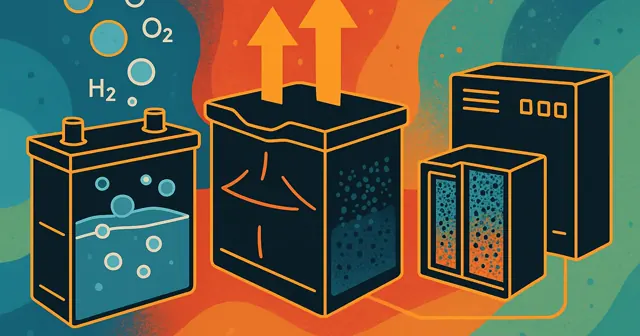 Illustration showing lead-acid battery safety hazards including gas emissions, bulging, and sulfation, along with a Battery Management System, all in a wireframe style with vibrant colors.
